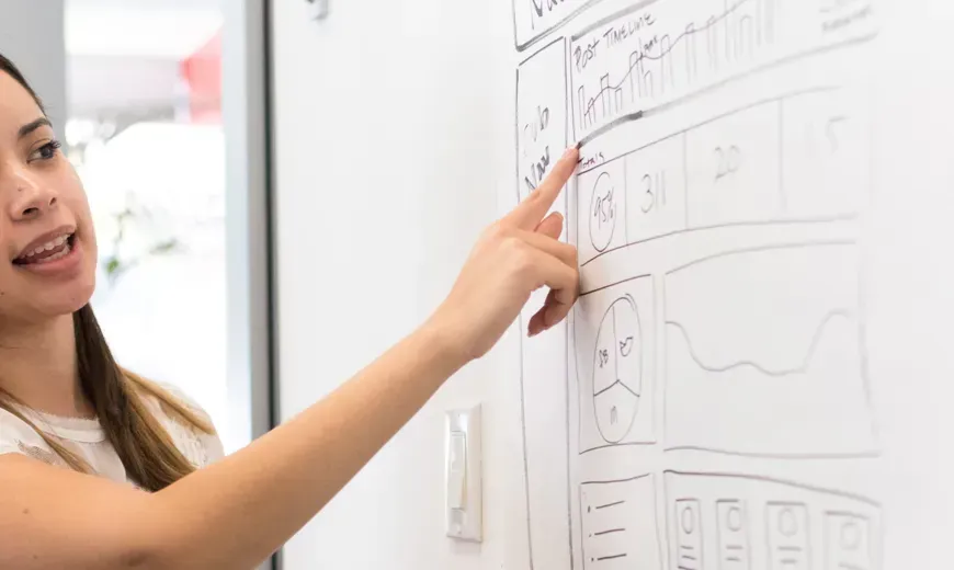 A woman pointing to a diagram on a whiteboard and talking to someone off camera