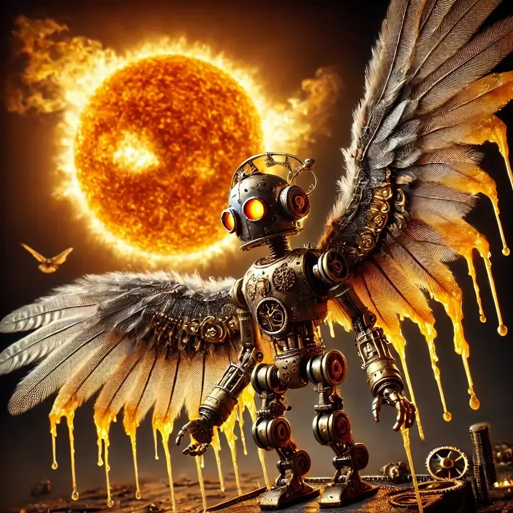 A steampunk robot Icarus with DIY wings made of feathers and wax, flying too close to the sun. The robot has brass and copper mechanical details