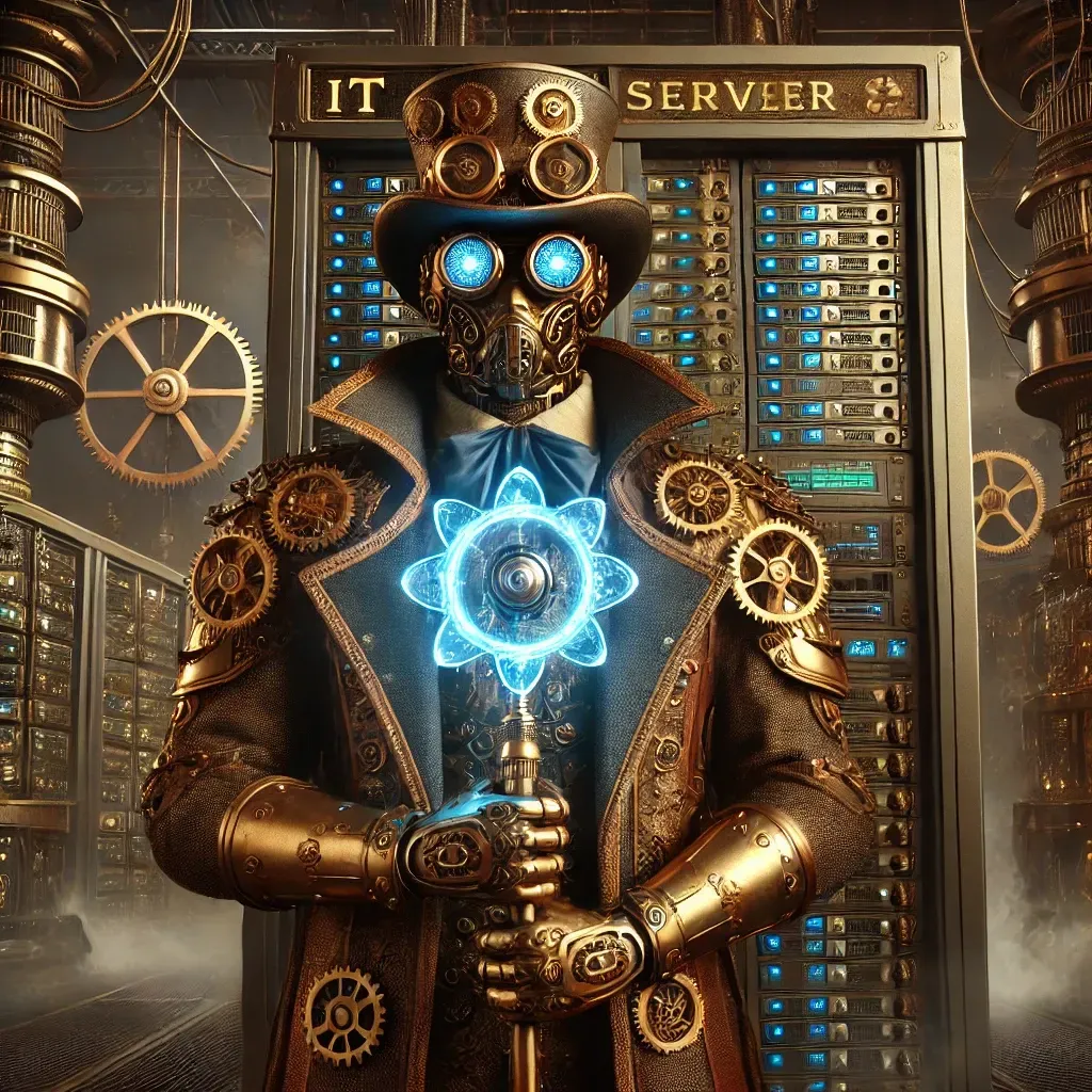 A steampunk-style IT security guardian standing in front of a server, holding a mechanical staff prominently in front of it. The guardian wears brass