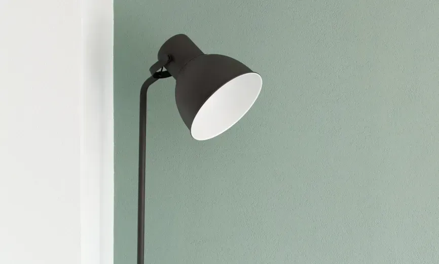 A lamp standing in front of a green wall